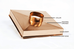 Copper chimney chase cover with labeled parts on a white background