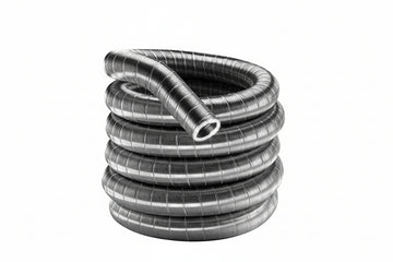 A coiled length of flexible, corrugated preinsulated 316 stainless steel chimney liner. The shiny metallic tubing is stacked in several circular loops against a plain white background, with one open hollow end resting on top and facing forward