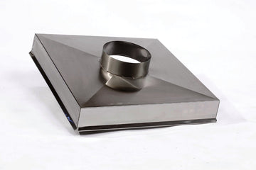 stainless steel square chimney chase cover with a circular component chimney flue opening on a white background