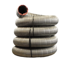 Stack of flexible metal hoses on a white background