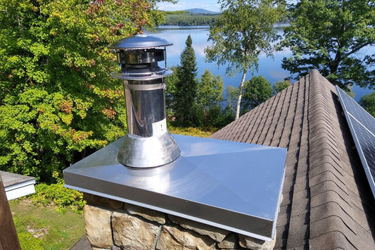 chimney chase cover on top of a stone chimney with a lake view