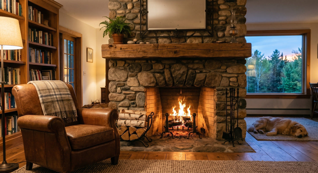 Image of a stone fireplace with a wooden mantle and a dog napping in the corner