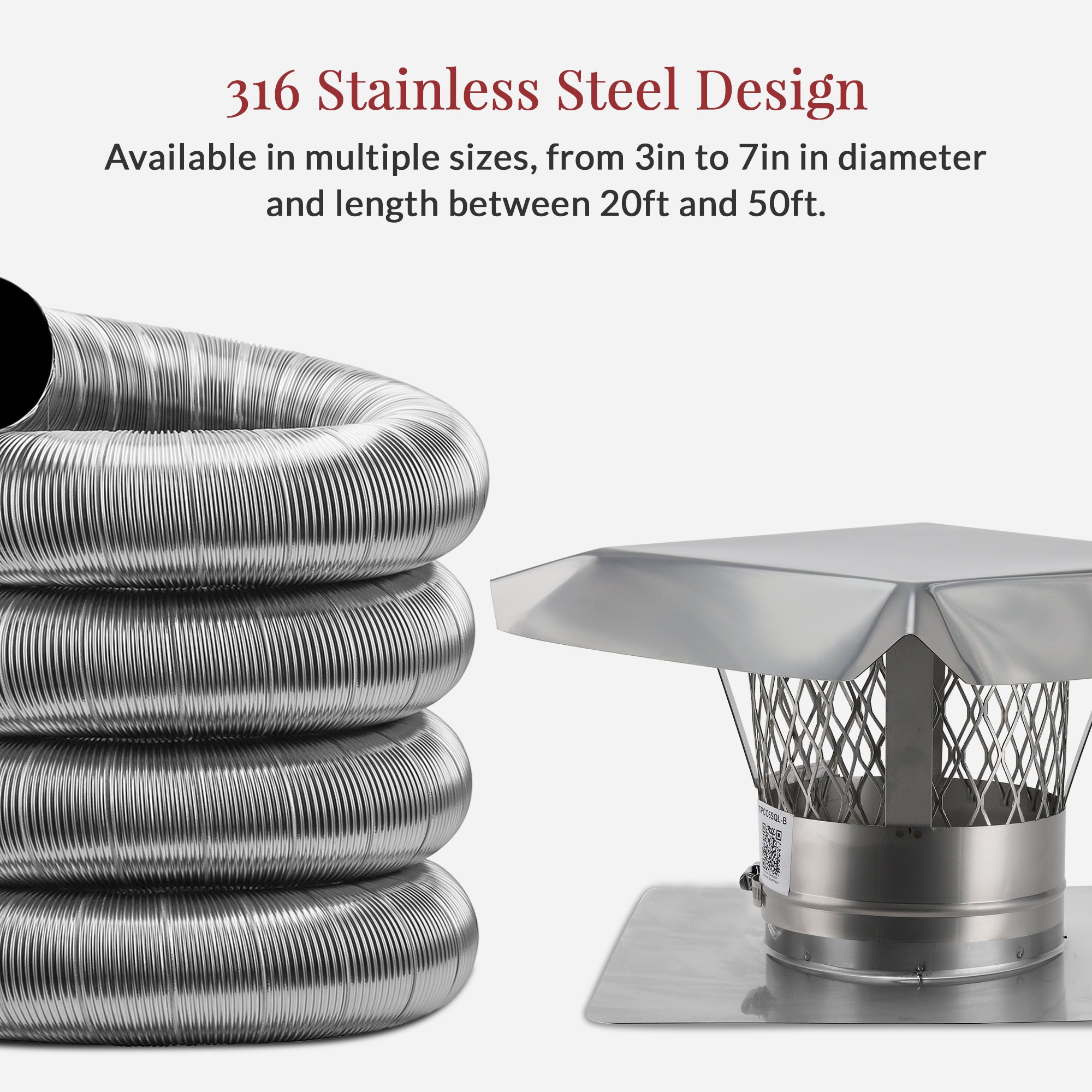 Stainless steel duct and cap with text about product specifications on a white background