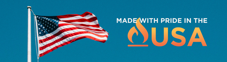Rireside chimney suppl American flag on a blue background with 'Made with Pride in the USA' text