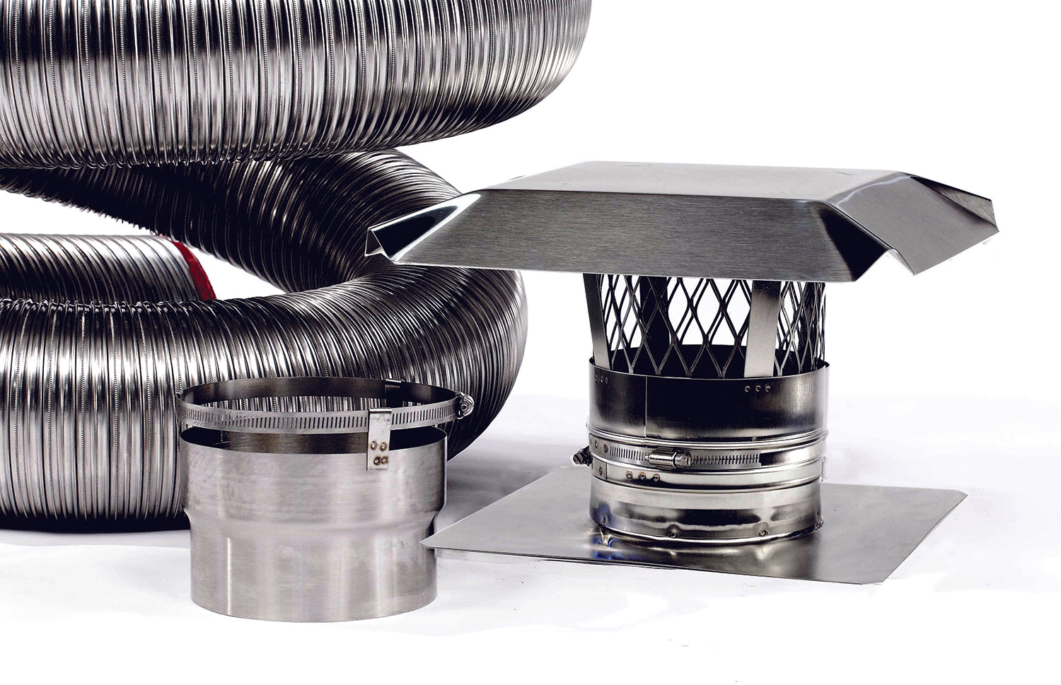 FireFlex 316Ti basic flexible chimney liner kit with stainless steel chimney liner, chimney cap, top plate and components.