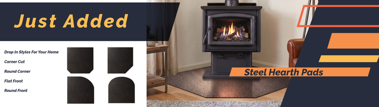 Advertisement for steel hearth pads with a fireplace and product options.