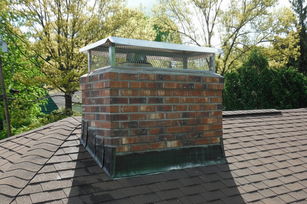 Brick chimney cap on a roof with trees in the background