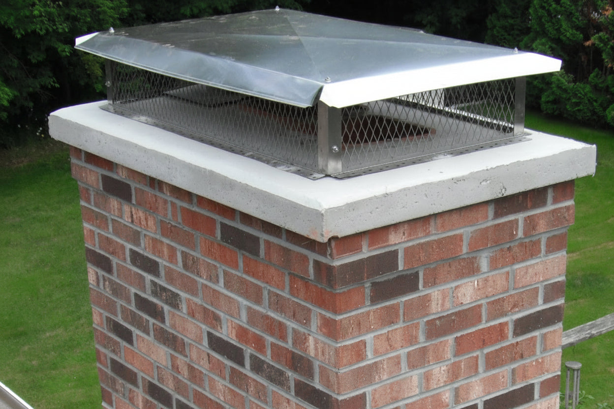 Brick chimney on a roof with a metal cap