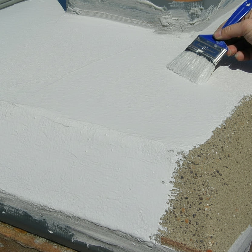 Person applying white chimney crown sealer to a surface using a blue brush.