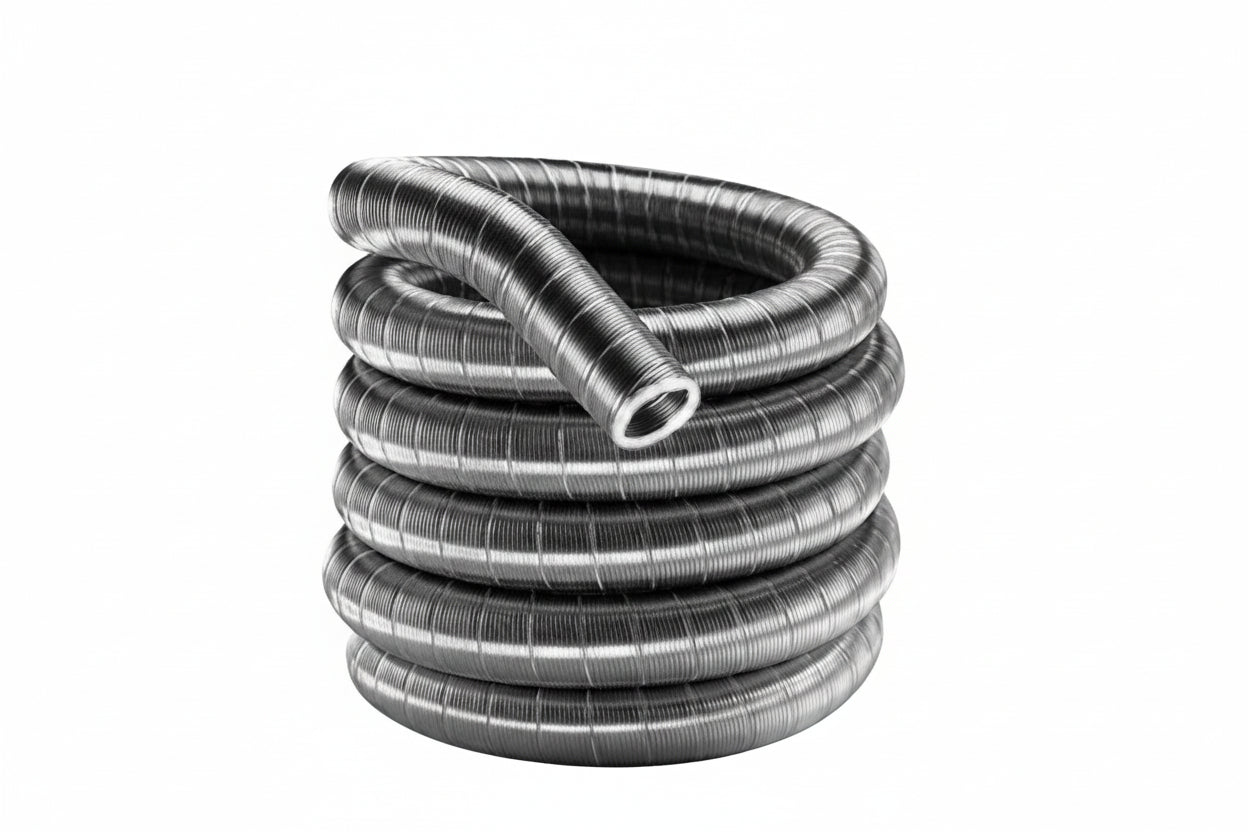 A coiled length of flexible, corrugated preinsulated 316 stainless steel chimney liner. The shiny metallic tubing is stacked in several circular loops against a plain white background, with one open hollow end resting on top and facing forward