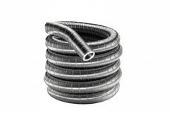 A coiled length of flexible, corrugated preinsulated 316 stainless steel chimney liner. The shiny metallic tubing is stacked in several circular loops against a plain white background, with one open hollow end resting on top and facing forward