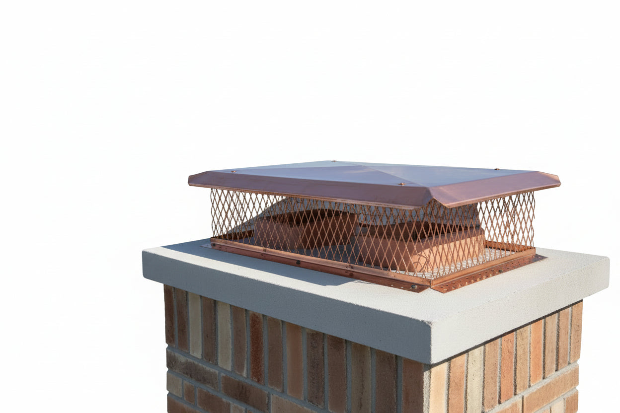 Copper chimney cap on a brick chimney against a light blue background