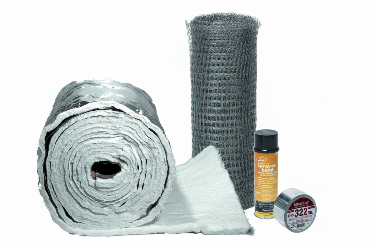 Roll of reflective insulation, mesh material, spray can, and tape on a white background