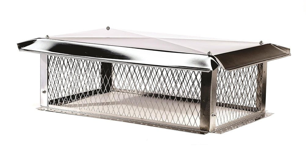 Knockdown style Stainless steel chimney cap with mesh screen on a white background
