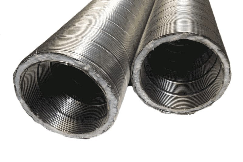 Close-up of FireFlex pre-insulated chimney liner showing 316L stainless steel interior and aluminum protective outer layer
