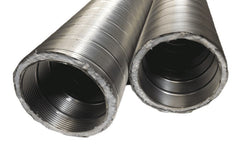 Close-up of FireFlex pre-insulated chimney liner showing 316L stainless steel interior and aluminum protective outer layer